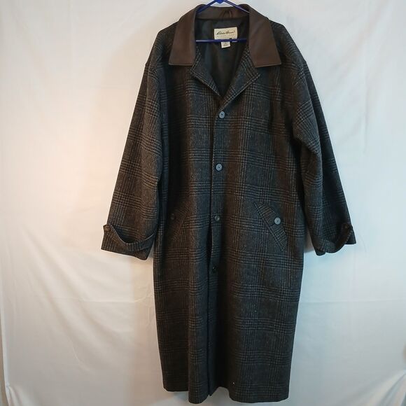 Eddie Bauer Other - Eddie Bauer men trench coat Glen Plaid tweed leather trim szXXL outdoor business